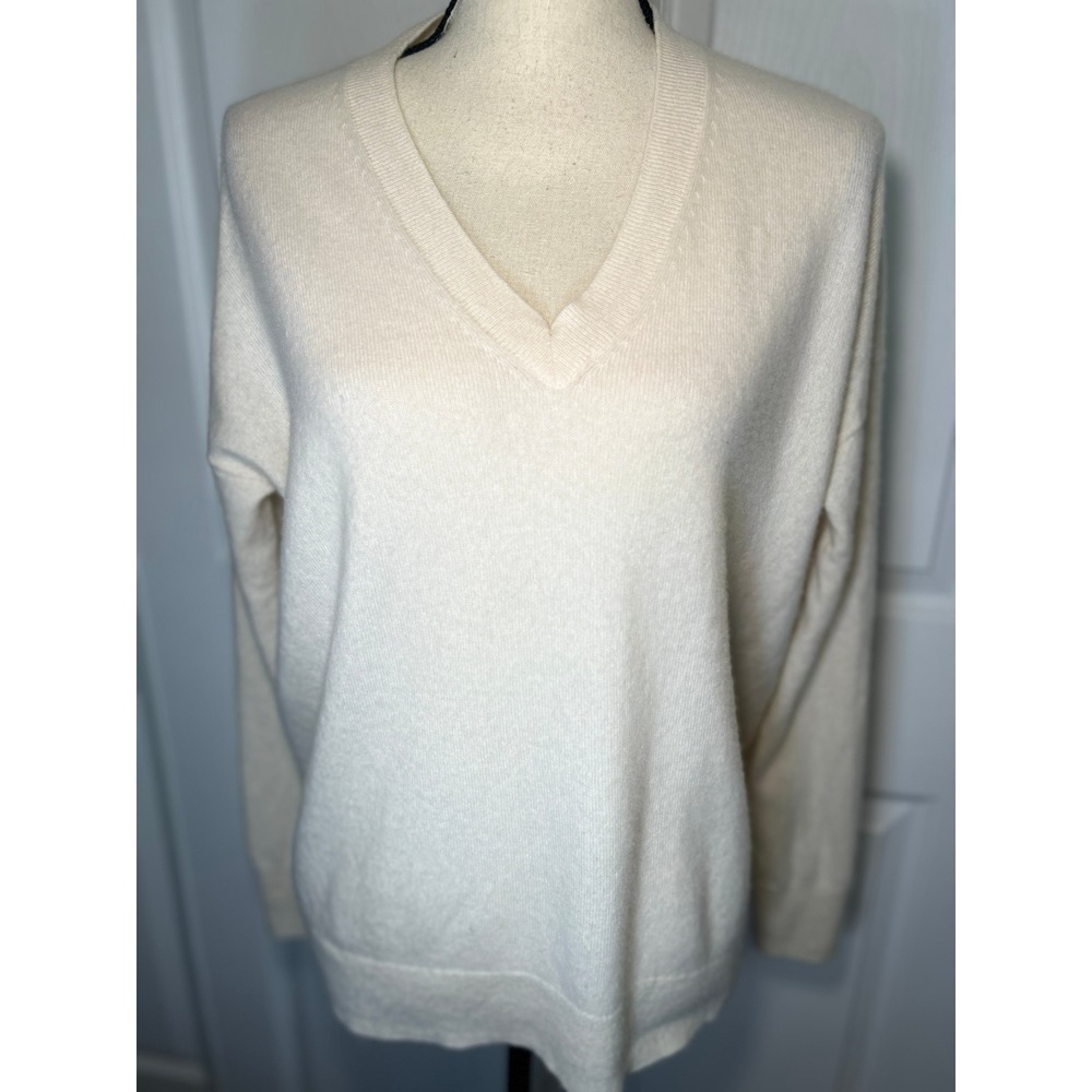 Nordstrom V-Neck Sweater 100% Cashmere XL Cream Off-White Relaxed Fit Pullover